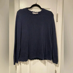 Villager Navy Blue Cotton Long Sleeve Sweater Crochet Lace Scalloped Trim Size S